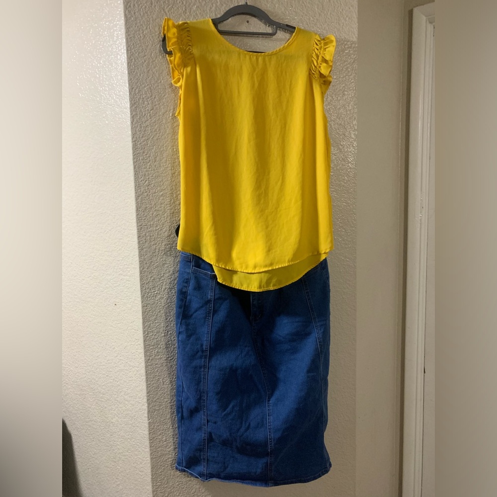 Yellow top/blue jeans skirt